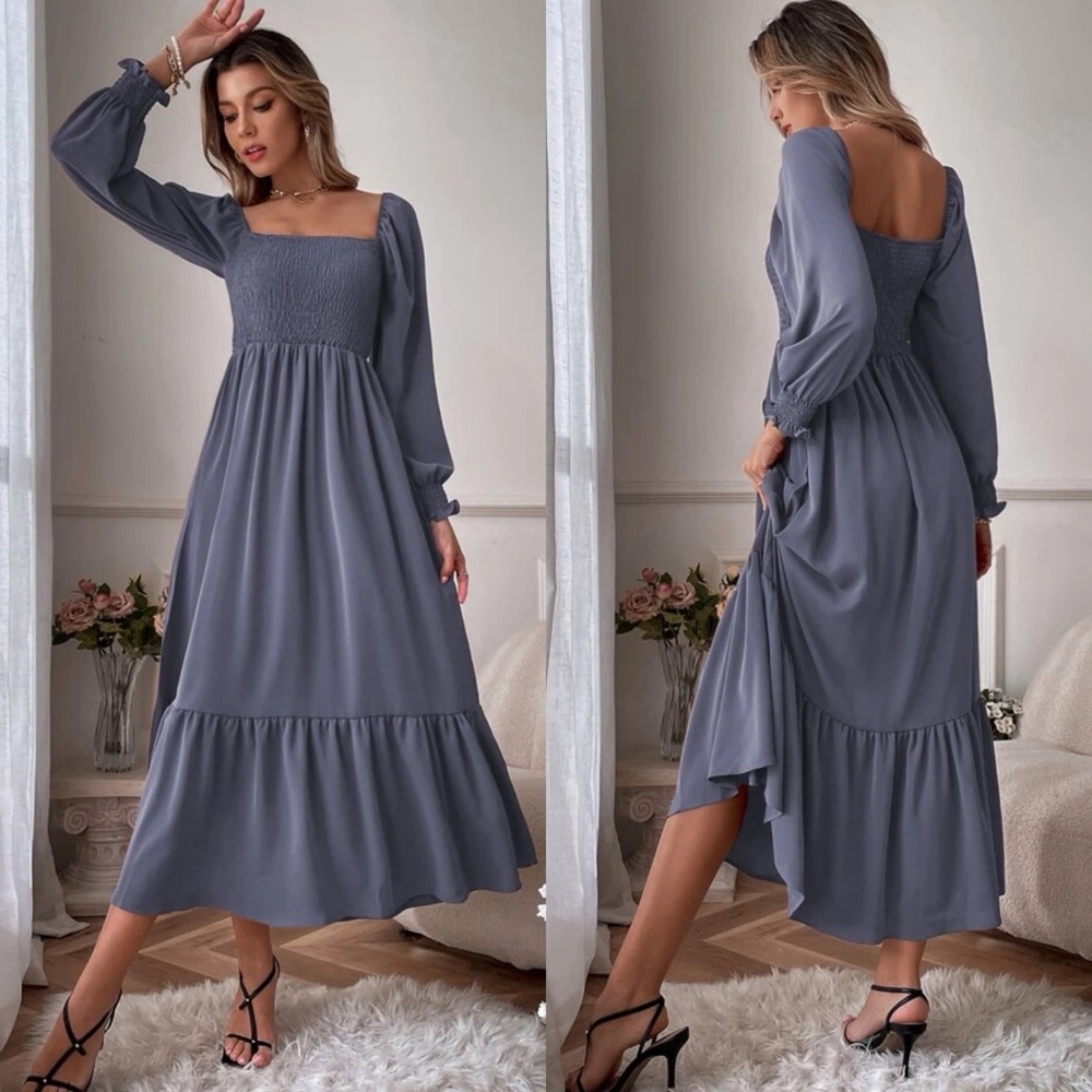 Shirred bust square neck long sleeve ruffle maxi dress boho gypsy neutral cream - Picture 3 of 10